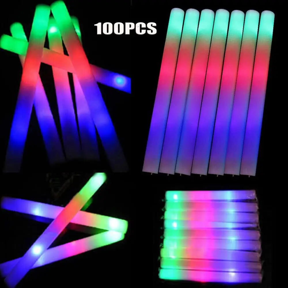 100Pcs LED Glow Sticks Bulk Colorful RGB Glow Foam Stick Cheer Tube Dark Light for Xmas Birthday Wedding Party Supplies