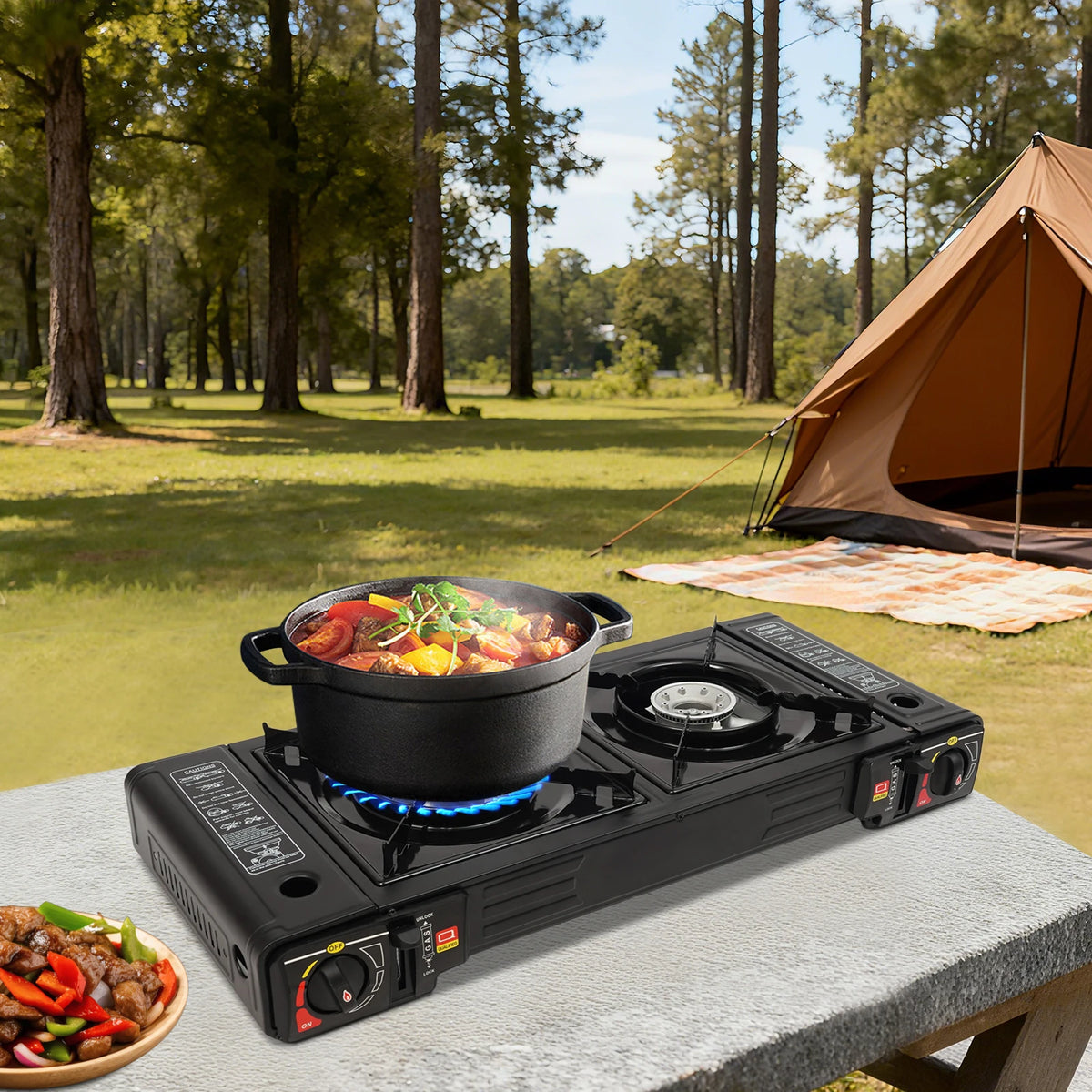 Portable Camping Stove, 2 Burners Camping Stove with Baking Tray & Portable Case, 2500W Each Burner, Piezoelectric Ignition, Butane LPG Gas, Tabletop, for Outdoor Cooking Camping Picnic Patio RV, Black, 24.8x10.24x4.72in, Gas