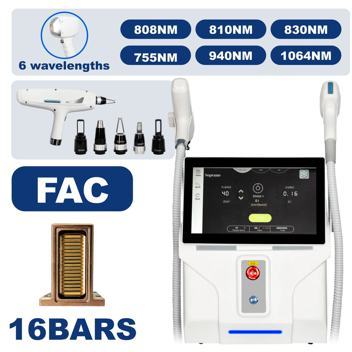 2In1 Soprano Titanium Ice Platinum FAC 6 Wavelength Diode Laser 808+Picosecond Painless Permanent Hair Removal Tattoo Removal