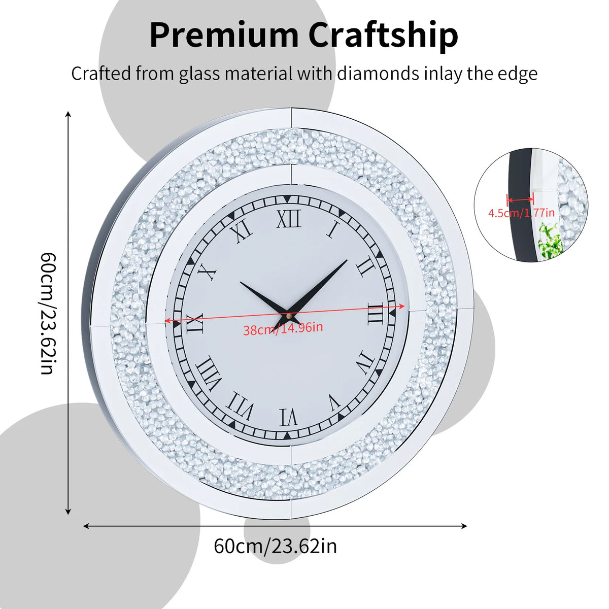 Decorative Mirror Wall Clock With Alarm And Mute Speaker