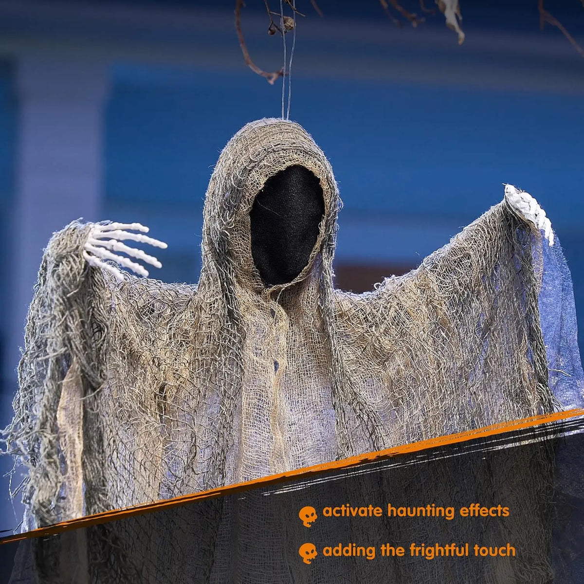 4 Pack 19'' Halloween Hanging Ghost Decoration Outdoor, Faceless Grim Reaper Set with Posable Arms in Dark Horror Robe for Halloween Tree, Yard, Patio, Haunted House, Party Decorations