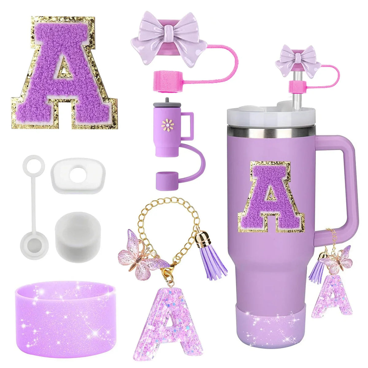 8PCS Accessories Set for Cup Purple 30oz 40oz tumbler Silicone Straw Topper Cover Cap Boot Handle Charm Initials Sticker