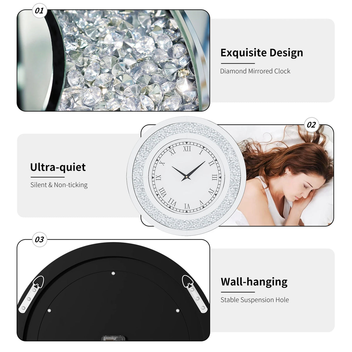 Decorative Mirror Wall Clock With Alarm And Mute Speaker