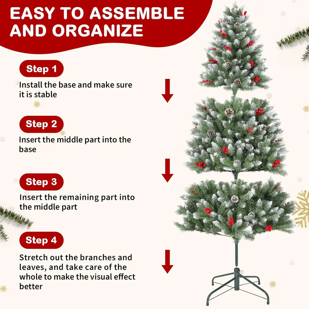4/5/6/7FT Snow Flocked Artificial Christmas Tree With Pine Cones Berries Quick Set Up Full Style For Xmas Decor With Metal Base