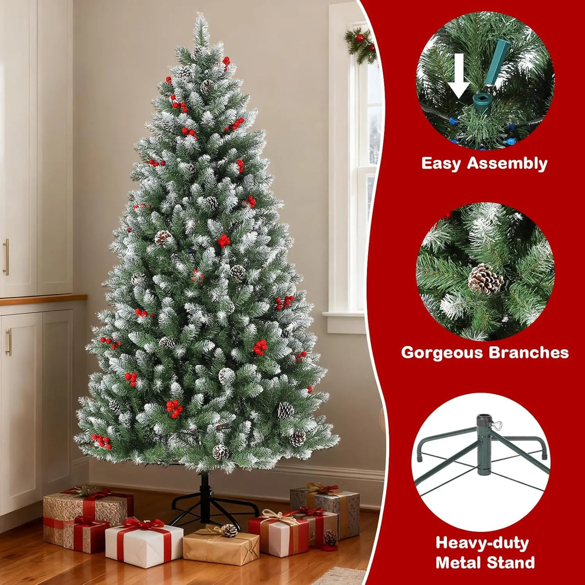 4/5/6/7FT Snow Flocked Artificial Christmas Tree With Pine Cones Berries Quick Set Up Full Style For Xmas Decor With Metal Base