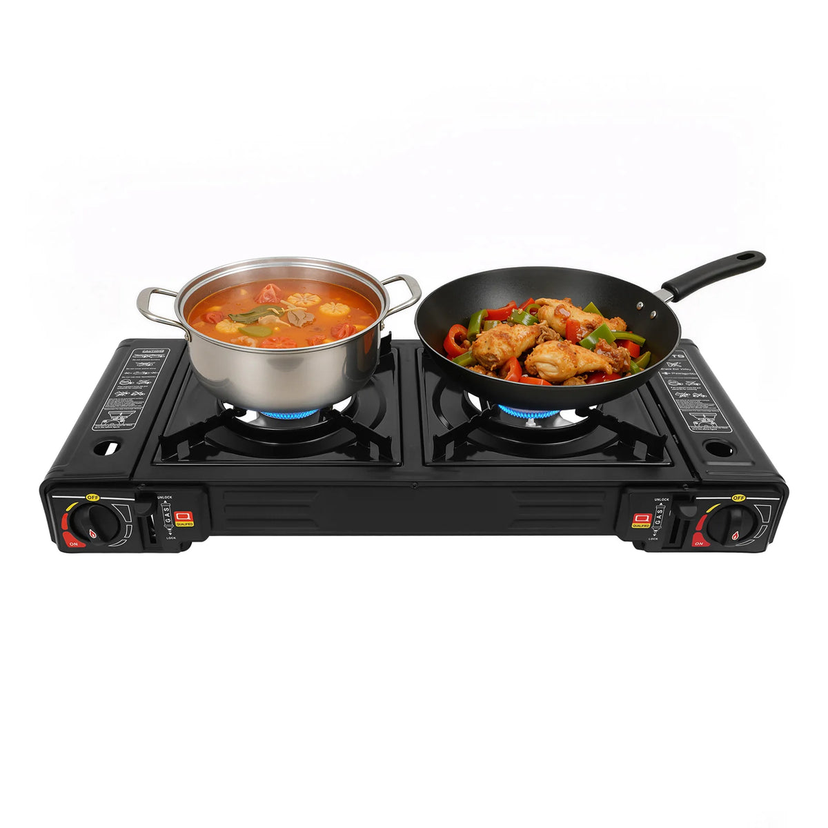 Portable Camping Stove, 2 Burners Camping Stove with Baking Tray & Portable Case, 2500W Each Burner, Piezoelectric Ignition, Butane LPG Gas, Tabletop, for Outdoor Cooking Camping Picnic Patio RV, Black, 24.8x10.24x4.72in, Gas