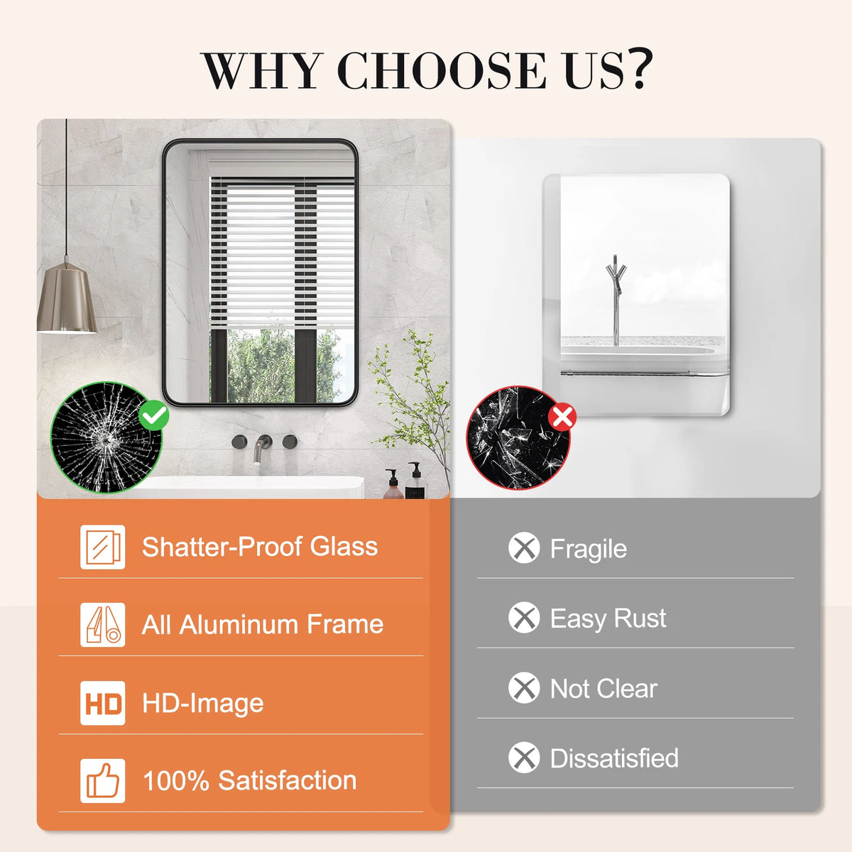JHK Matte Metal Framed Bathroom Mirror