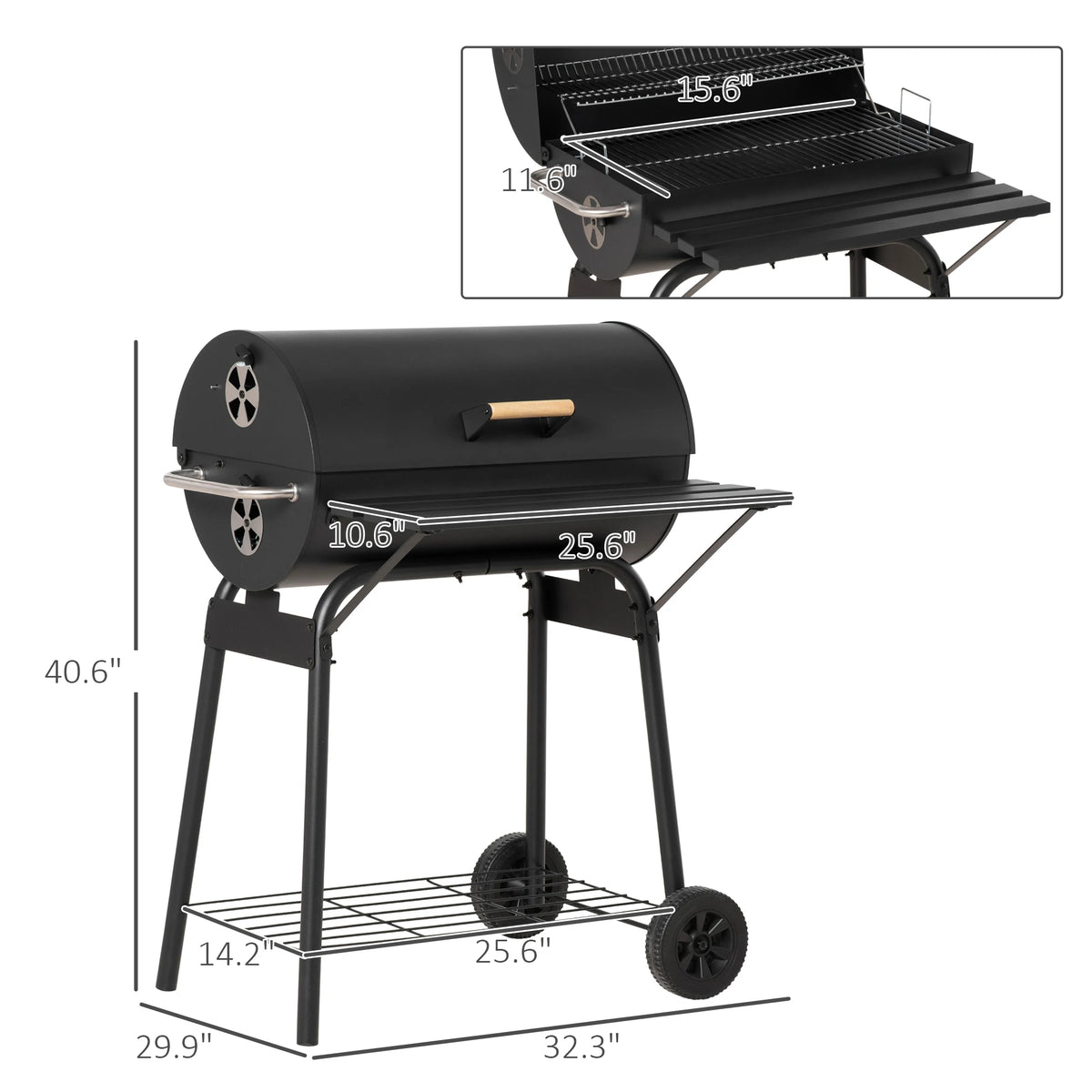 30" Portable Charcoal BBQ Grill w/ Adjustable Charcoal Rack Storage Shelf Wheel