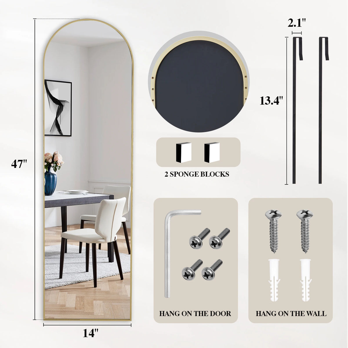 MCQ 47x14 Inches Full Length Mirror Door Hanging Arched Full Body Wall Mounted Aluminum Alloy Frame Mirror Modern Wall Mount Vanity Mirror for Home ﻿