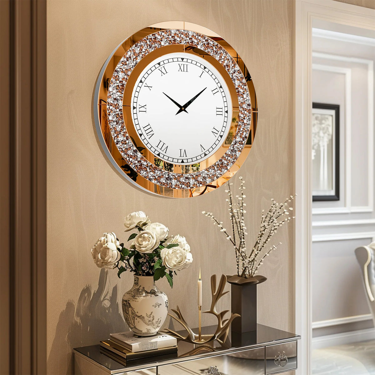 Silver,Tawny Tinted Round Mirror ,24inch Crystal Sparkle Twinkle Bling Crush Diamond Large Mirrored Wall Clock for Living Room