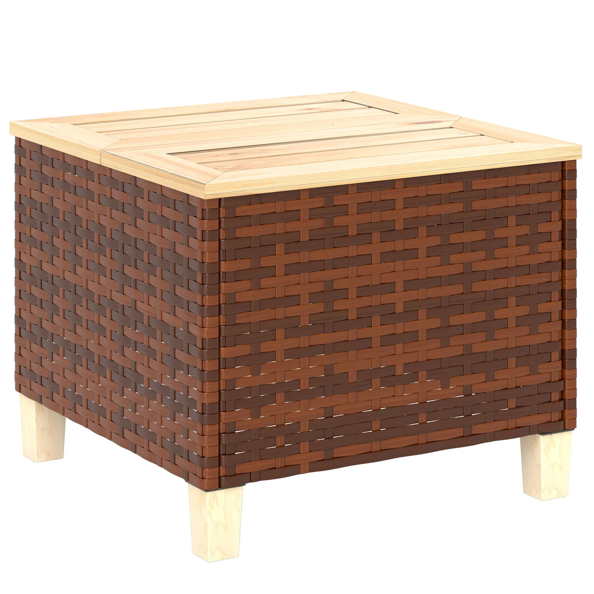 Outdoor Side Table with PE Rattan, Accent Table with Wood Top, Brown
