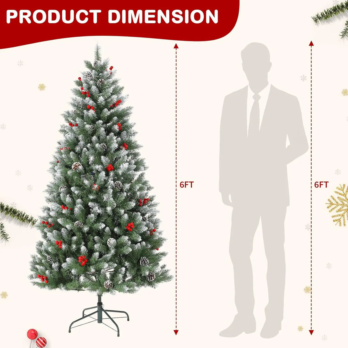 4/5/6/7FT Snow Flocked Artificial Christmas Tree With Pine Cones Berries Quick Set Up Full Style For Xmas Decor With Metal Base