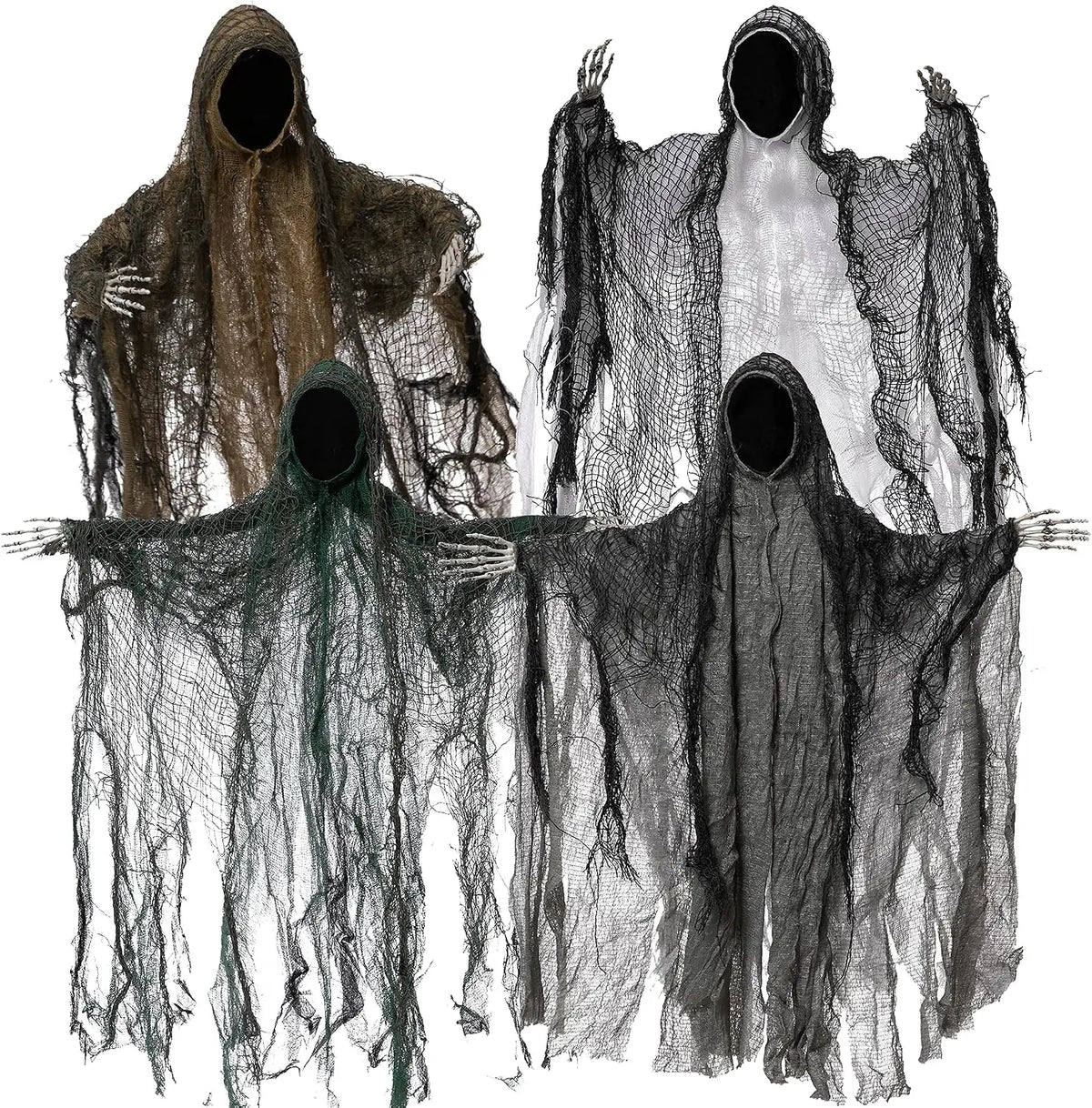 4 Pack 19'' Halloween Hanging Ghost Decoration Outdoor, Faceless Grim Reaper Set with Posable Arms in Dark Horror Robe for Halloween Tree, Yard, Patio, Haunted House, Party Decorations