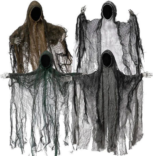 4 Pack 19'' Halloween Hanging Ghost Decoration Outdoor, Faceless Grim Reaper Set with Posable Arms in Dark Horror Robe for Halloween Tree, Yard, Patio, Haunted House, Party Decorations