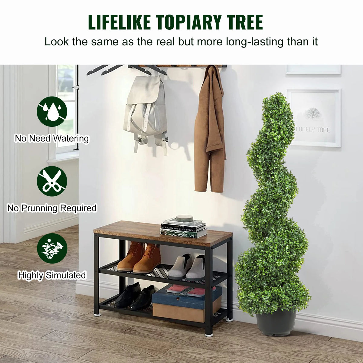 SucceBuy 1/2pcs Artificial Boxwood Tower Topiary Spiral Artificial Plant 24/36/48in high Decorative Plants Green Plastic PE Tree