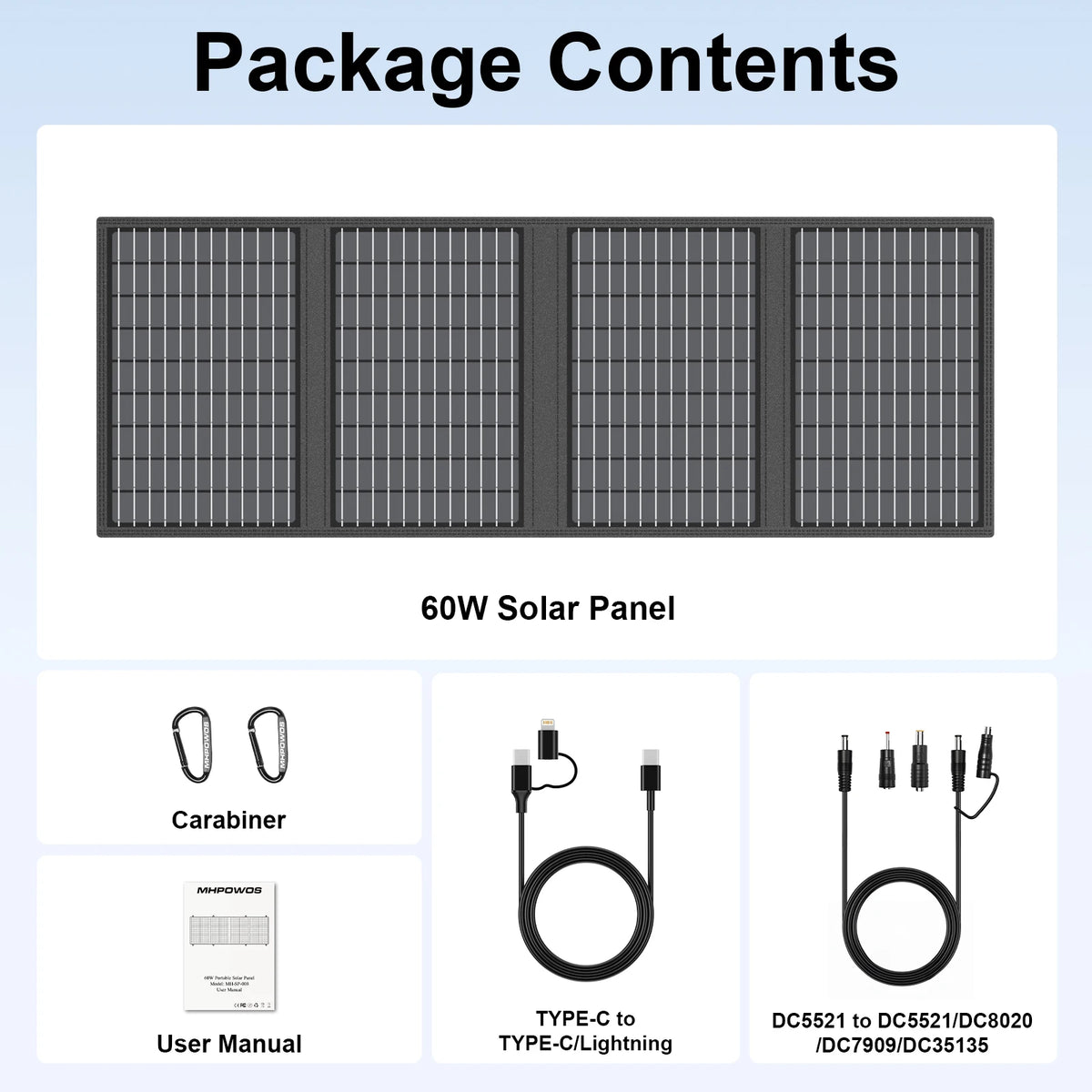 MHPOWOS Solar Battery Charger for Powerbank, 45W / 60W Foldable Portable Solar Panel with USB C, DC Output for Camping Phone