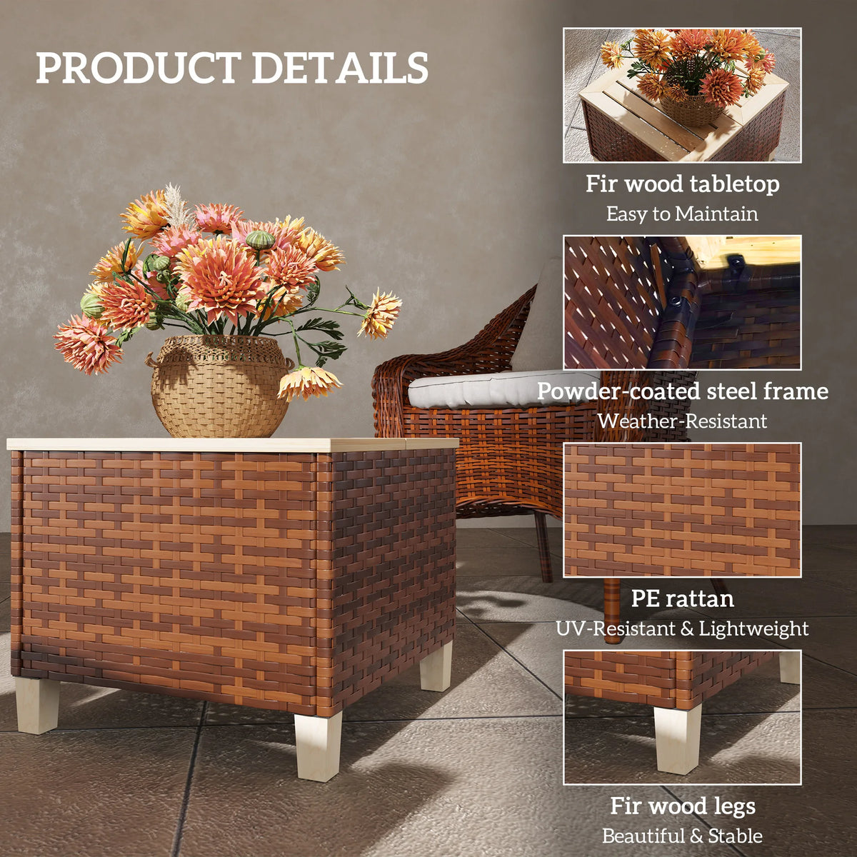 Outdoor Side Table with PE Rattan, Accent Table with Wood Top, Brown