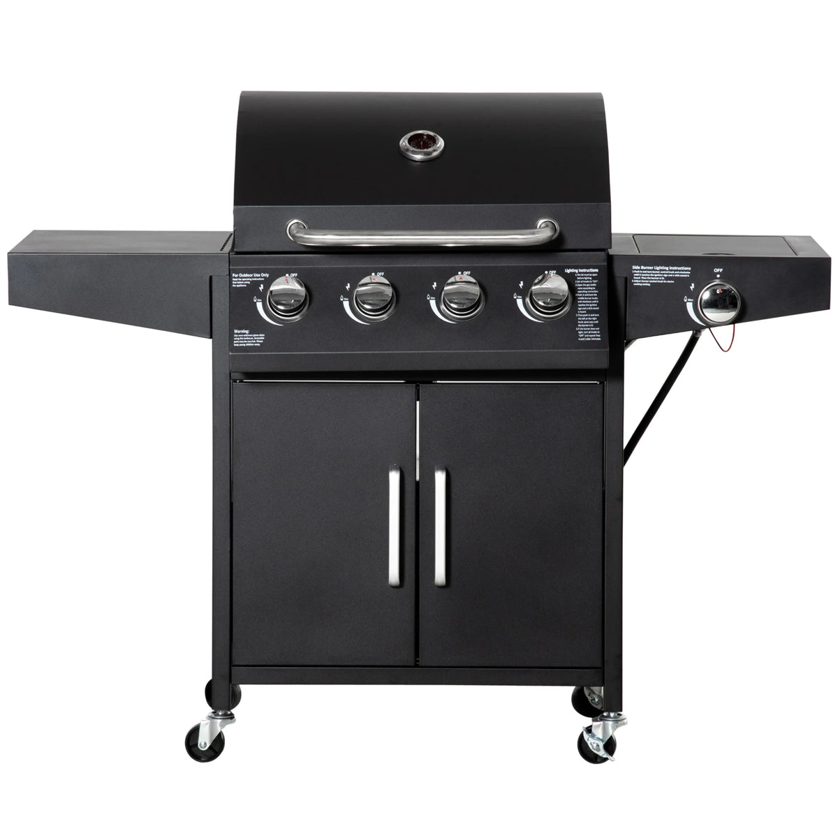 4+1 Burner Gas Grill BBQ Trolley w/ Warming Rack, Side Shelf, Black