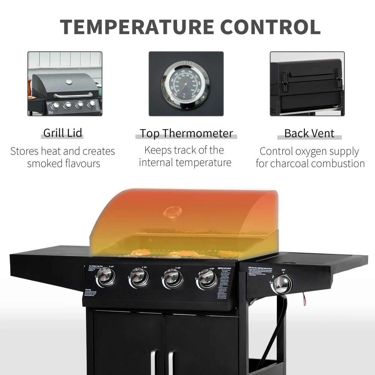 4+1 Burner Gas Grill BBQ Trolley w/ Warming Rack, Side Shelf, Black