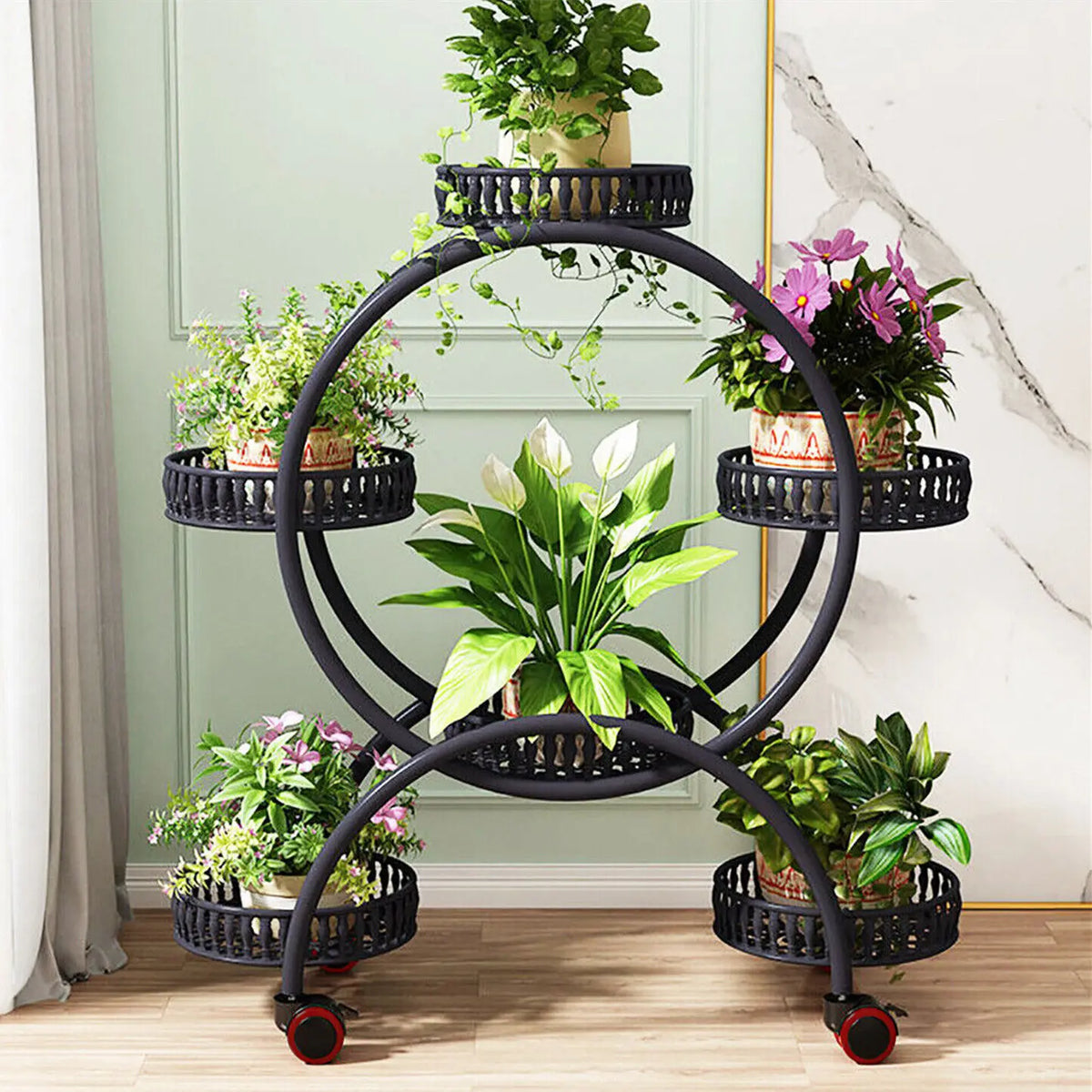 Rolling Metal Plant Stand With Multi Tier Display Shelves