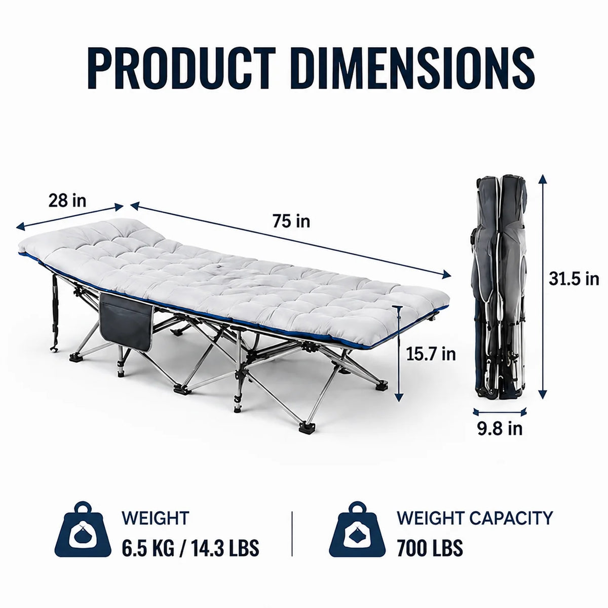 Portable Folding Camping Cot With Thick Mattress And Side Pocket