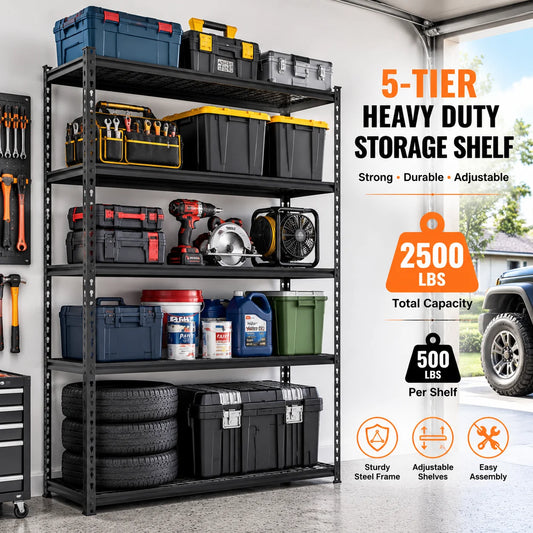 2500LBS 48“ Heavy Duty Storage Shelving Unit 5 Tier Adjustable Metal Garage Shelf Steel Storage Rack Organizer for Workshop Kitchen Pantry Basement Warehouse