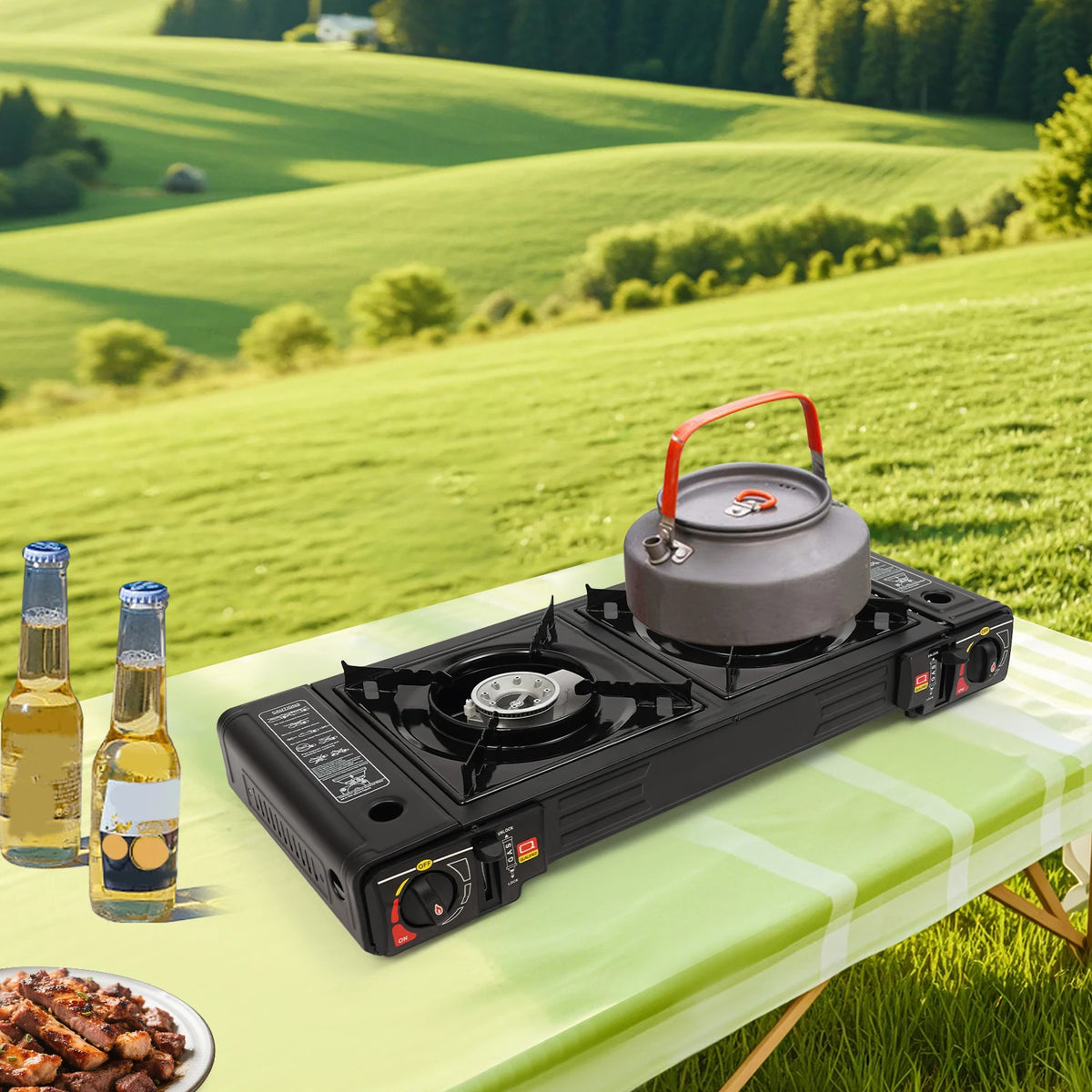 Portable Camping Stove, 2 Burners Camping Stove with Baking Tray & Portable Case, 2500W Each Burner, Piezoelectric Ignition, Butane LPG Gas, Tabletop, for Outdoor Cooking Camping Picnic Patio RV, Black, 24.8x10.24x4.72in, Gas