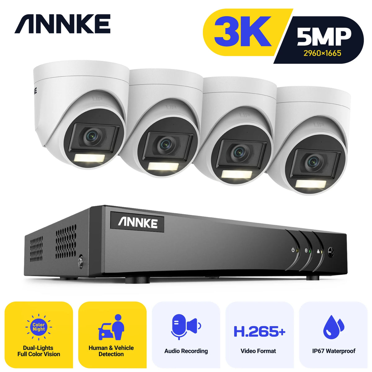ANNKE 8CH 5MP Smart Dual Lights Lite Video Security System CCTV Kit With 3K 4X 5MP Built-in Mic Waterproof Surveillance Cameras