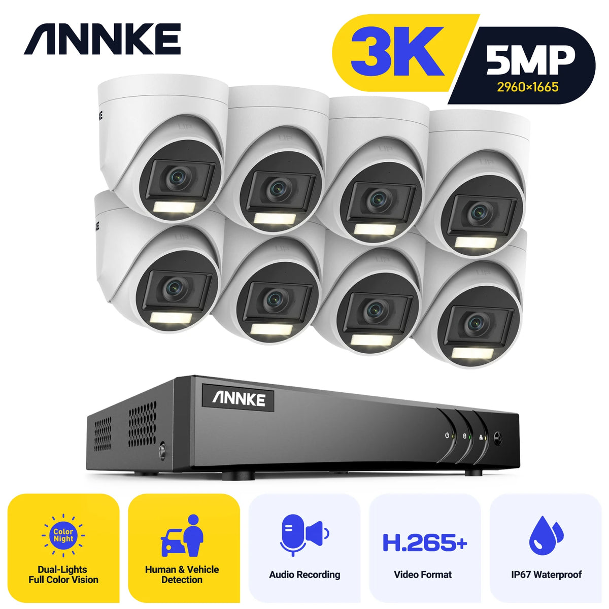 ANNKE 8CH 5MP Smart Dual Lights Lite Video Security System CCTV Kit With 3K 4X 5MP Built-in Mic Waterproof Surveillance Cameras