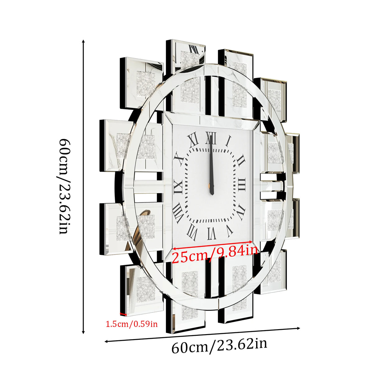 Mirrored Crush Diamond Wall Clock With Roman Numerals