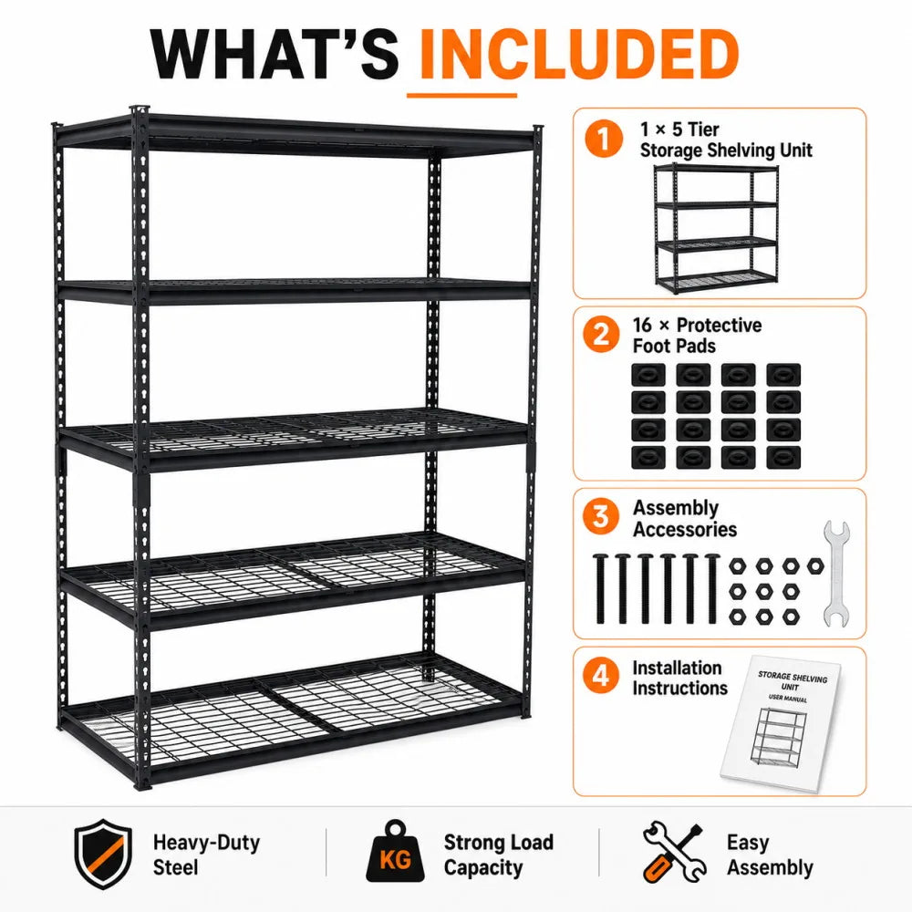 2500LBS 48“ Heavy Duty Storage Shelving Unit 5 Tier Adjustable Metal Garage Shelf Steel Storage Rack Organizer for Workshop Kitchen Pantry Basement Warehouse