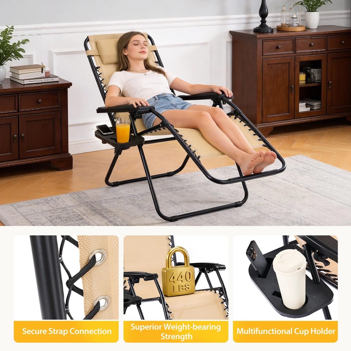 JHK Zero Gravity Outdoor Recliner With Adjustable Pillow