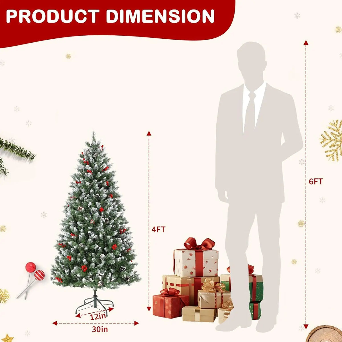 4/5/6/7FT Snow Flocked Artificial Christmas Tree With Pine Cones Berries Quick Set Up Full Style For Xmas Decor With Metal Base