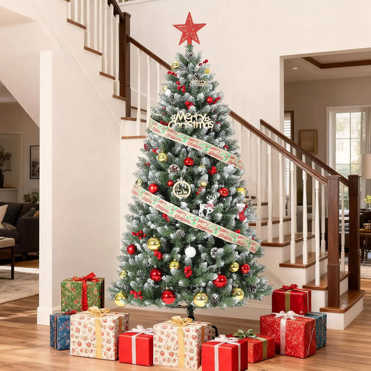 4/5/6/7FT Snow Flocked Artificial Christmas Tree With Pine Cones Berries Quick Set Up Full Style For Xmas Decor With Metal Base