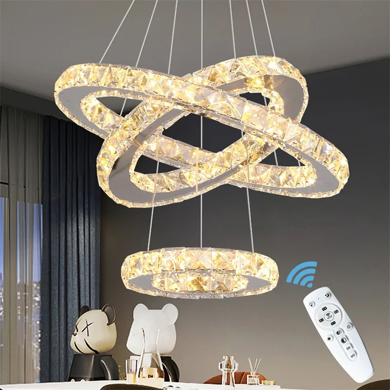 Modern Crystal Rings Led Chandelier Indoor Luxury Ceiling Lamp Dimming And Remote Control Pendan Lighting Chrome Lustre Fixtures