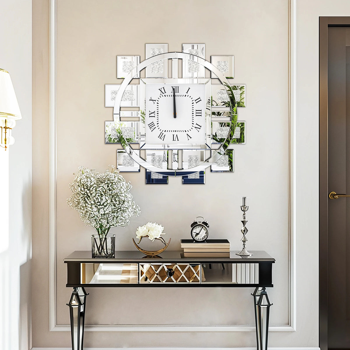 Mirrored Crush Diamond Wall Clock With Roman Numerals