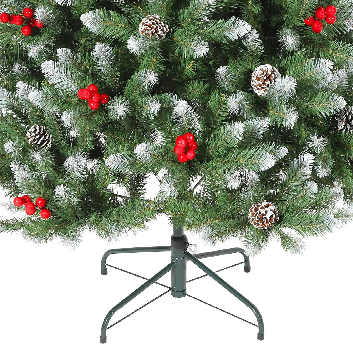 4/5/6/7FT Snow Flocked Artificial Christmas Tree With Pine Cones Berries Quick Set Up Full Style For Xmas Decor With Metal Base