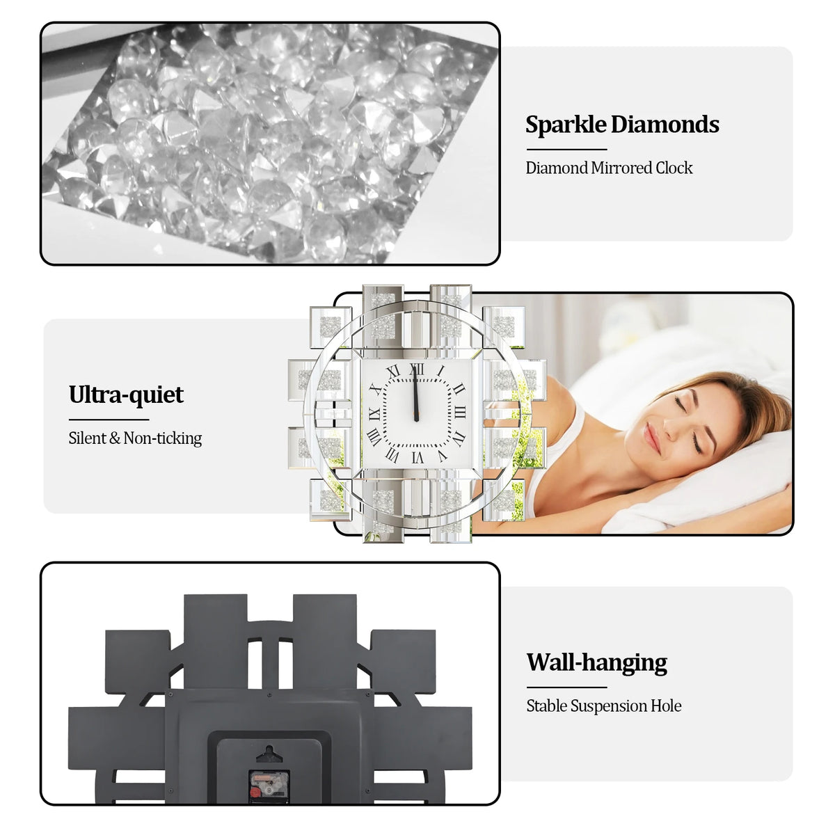 Mirrored Crush Diamond Wall Clock With Roman Numerals