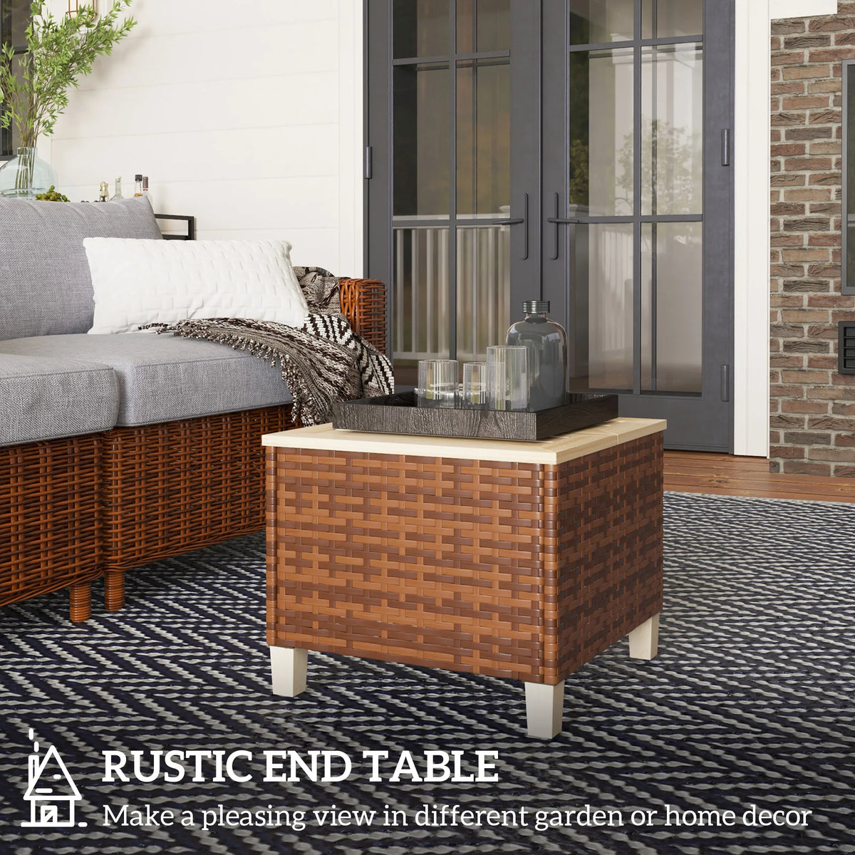 Outdoor Side Table with PE Rattan, Accent Table with Wood Top, Brown