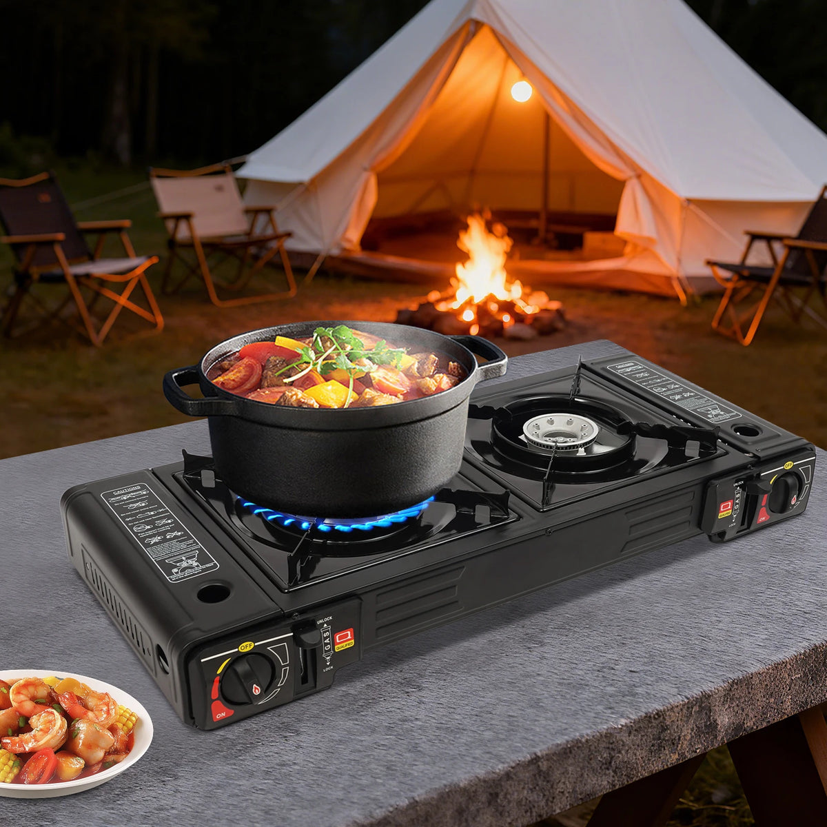 Portable Camping Stove, 2 Burners Camping Stove with Baking Tray & Portable Case, 2500W Each Burner, Piezoelectric Ignition, Butane LPG Gas, Tabletop, for Outdoor Cooking Camping Picnic Patio RV, Black, 24.8x10.24x4.72in, Gas